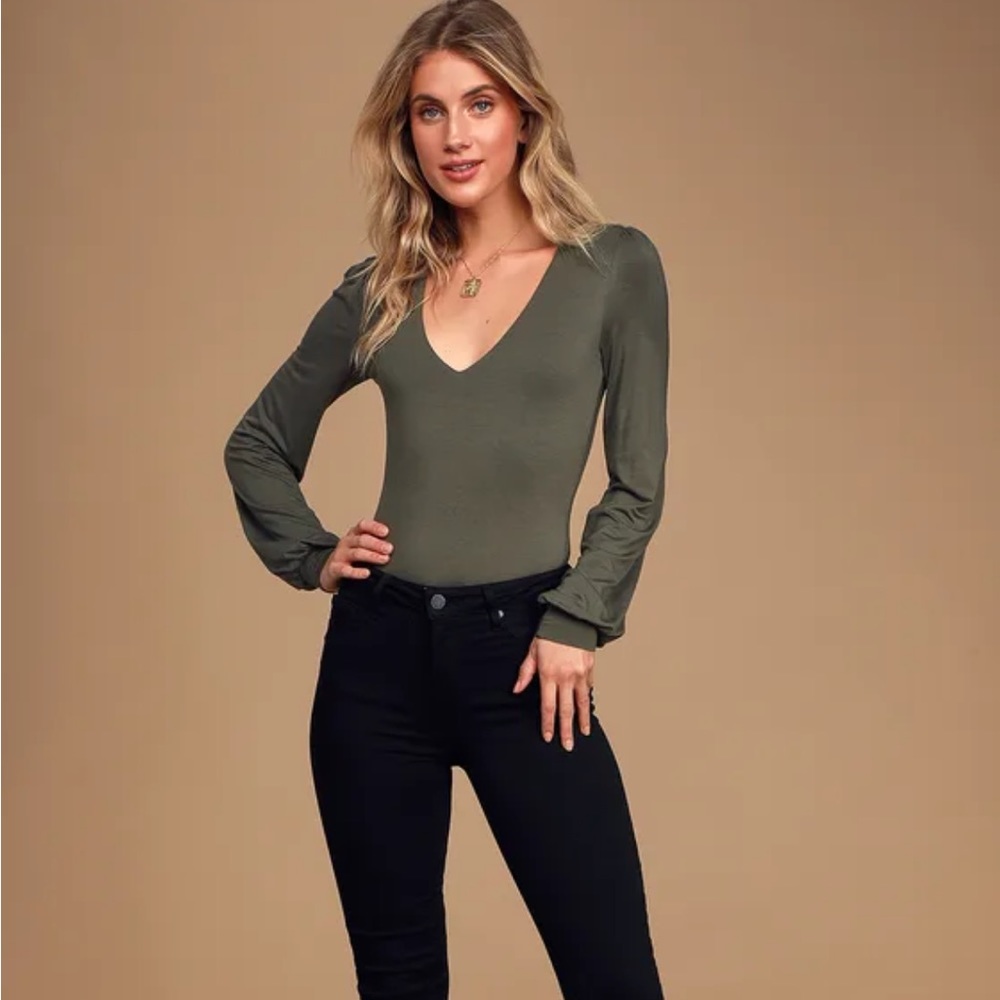 Lulus Kaylene Olive Green V-Neck Balloon Sleeve Bodysuit